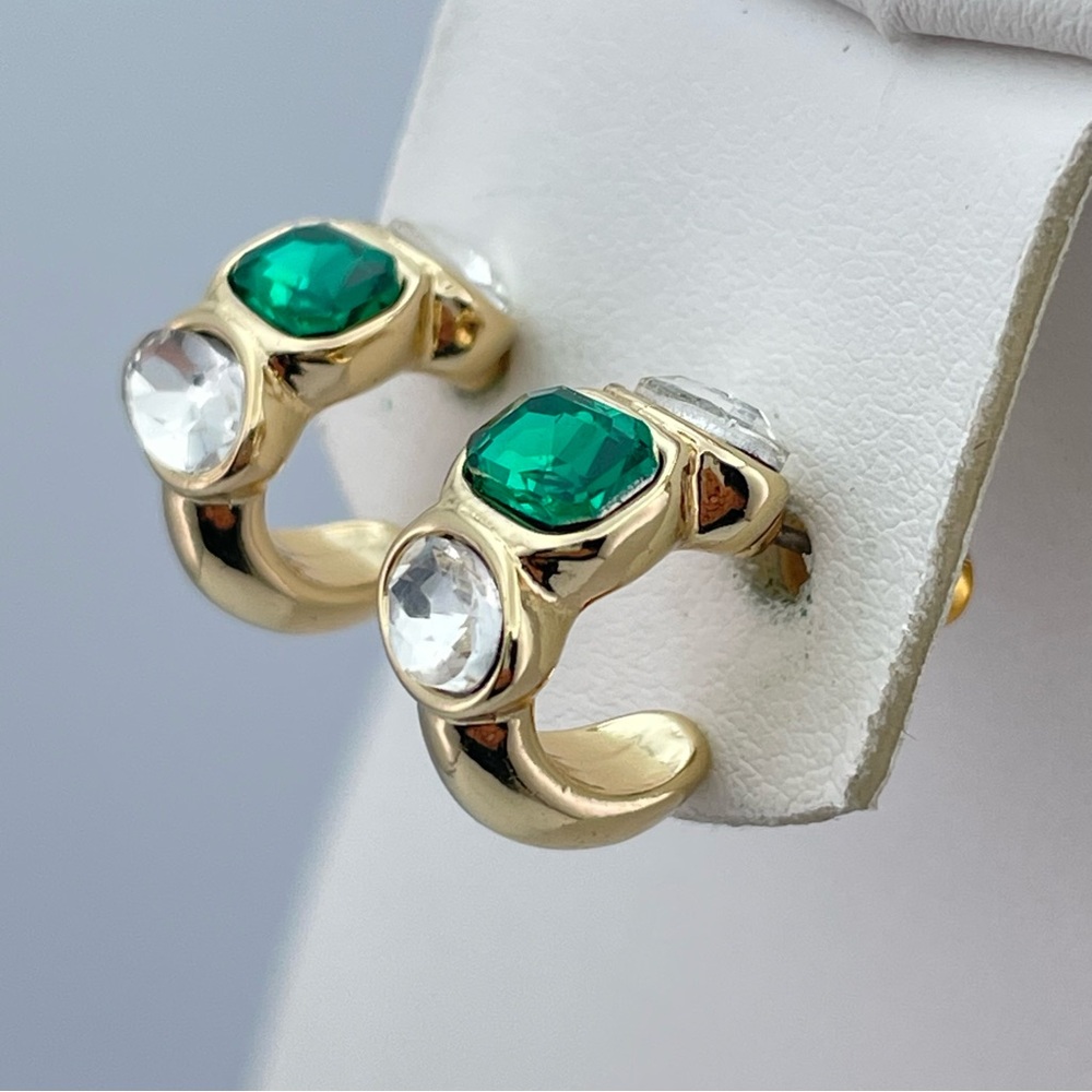 Gold Tone Emerald Green & Clear Crystal Hoop Earrings